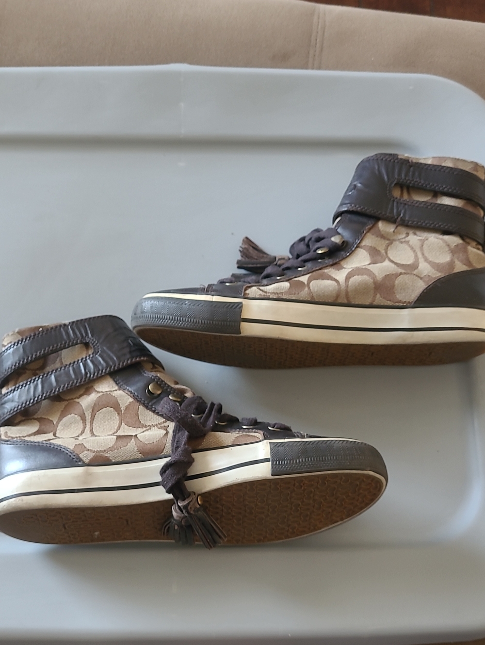 Coach Brown Monogram High-Top Sneakers with Dark Brown Trim Size 7.5 - Picture 5 of 12